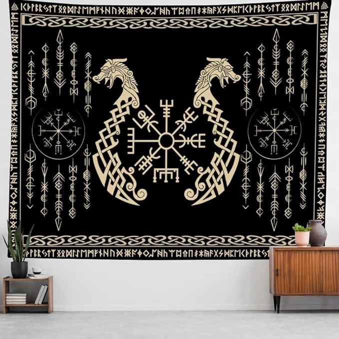 OSUNBD Viking Dragon Tapestry Ancient Rune Dragon Totem Norse Mythology Wall Art Tapestries Black Mystical Geometric Norse Mythology Tapestry Large Size 78.7”x59.1” for Bedroom Living Room Dorm