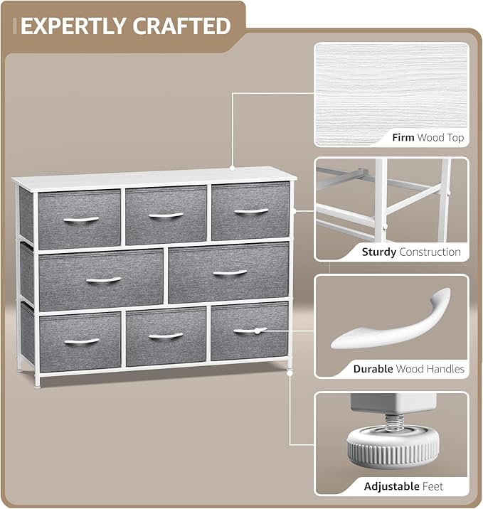 Sorbus Dresser with 8 Drawers - Chest Organizer Unit with Steel Frame Wood Top & Handle Easy Pull Fabric Bins for Clothes - Wide Storage Furniture for Bedroom, Hallway, Living Room, Nursery & Closet