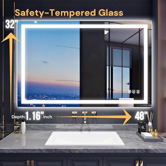 LED Bathroom Mirror 48"x 32",Front Lit and Backlit Bathroom Mirror with Lights,Stepless Dimmable,Anti-Fog, Shatter-Proof, Memory, 3 Colors Lighted Vanity Mirror (Horizontal/Vertical)