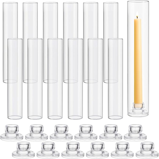 12 Set Glass Hurricane Candle Holders 11.8" Open Ended Glass Candleholder Tube Shape Bottomless and 1.26" Taper Clear Candlestick Holders for Wedding Party Table Centerpiece
