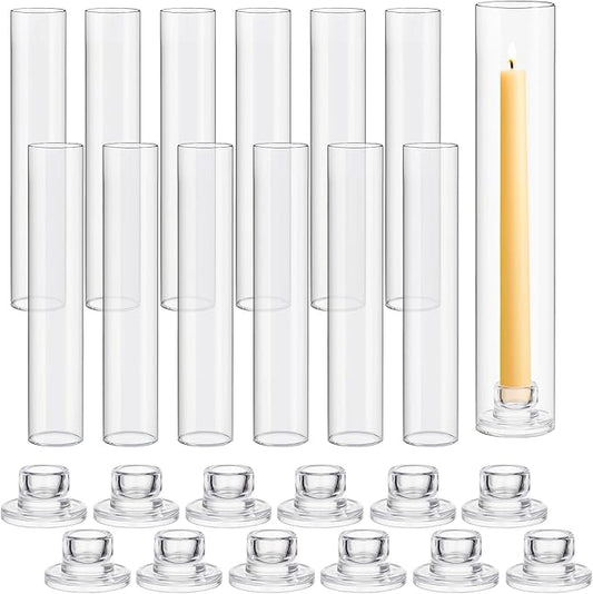 12 Set Glass Hurricane Candle Holders 11.8" Open Ended Glass Candleholder Tube Shape Bottomless and 1.26" Taper Clear Candlestick Holders for Wedding Party Table Centerpiece