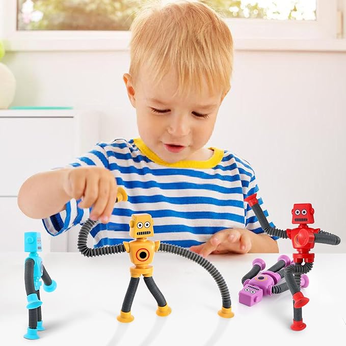 Pop Tubes LED Robot 4 Pcs Light Up Fidget Tubes Sensory Toys Robot Telescopic Suction Cup, Toddler Autism Stress Relief Stocking Stuffers Halloween Party Favors Travel Toys for Kids