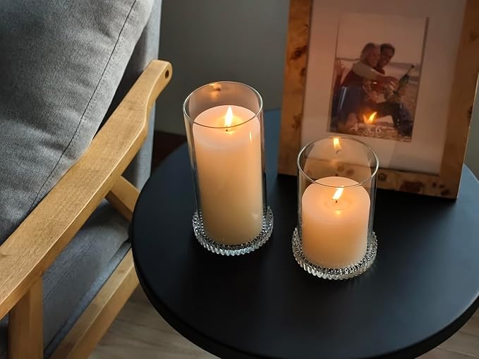 Vixdonos Hurricane Glass Candle Holders Set Pack 2 Serrated Round Candle Stand for Pillar Candles Modern CandleHolders with 5.1" 7.1" Tall Cylinder Chimney Cover for Outdoor Wedding Decor