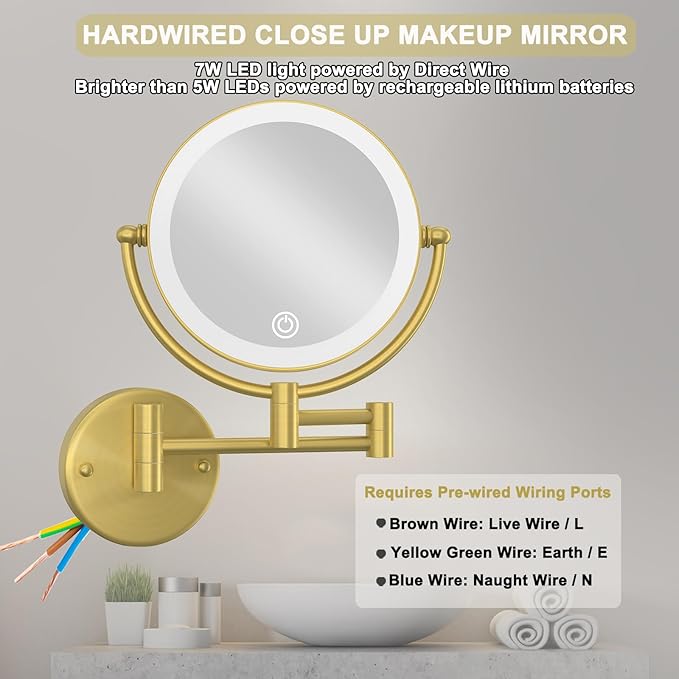 Gold Wall Mounted Makeup Mirror with Light and Magnification 10X, 2 Sided with 3 Color Led Dimmable, 360 Swivel Extension Shaving for Bathroom Hard Wired
