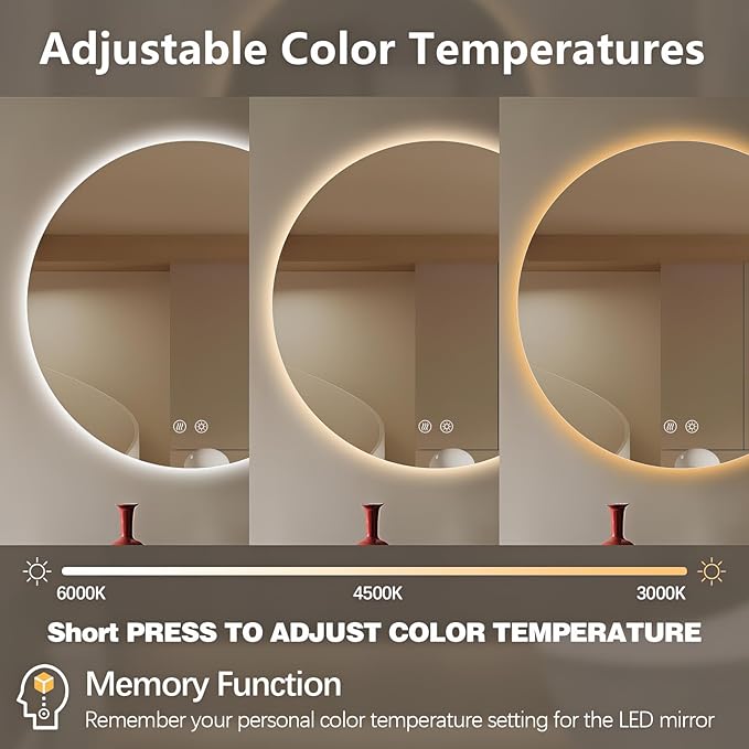 Niccy Round Led Mirror for Bathroom, 36" Circle Frameless Backlit Mirror wiht Light, Anti-Fog, 3 Colors, Waterproof, Memory Function