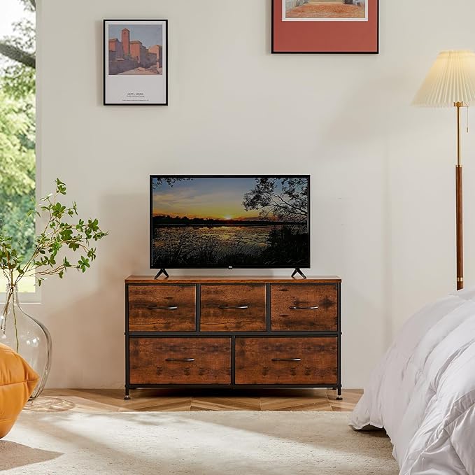 OLIXIS 5 Drawer Dresser Nightstand Classic Rust Brown, Wooden Top Metal Frame Fabric Storage Organizer for Bedroom Living Room Entryway, Wide TV Stand Closet Chest Furniture