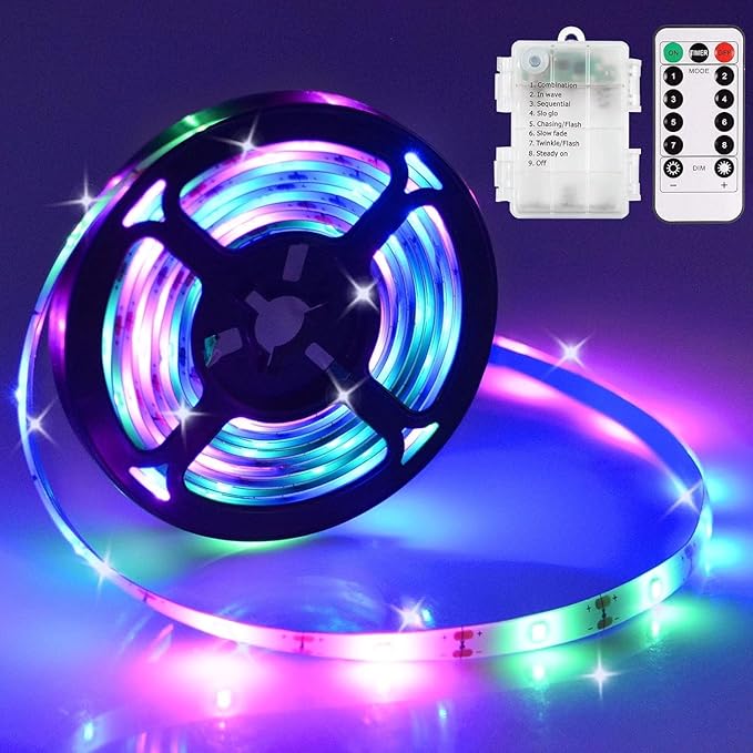 LED Strip Lights Battery Operated, 9.8ft 90 LED Strip Lights with Remote Timer Dimmable, Waterproof Flexible Lights for Indoor Outdoor TV Table Bedroom Boat Kitchen (Multicolor)