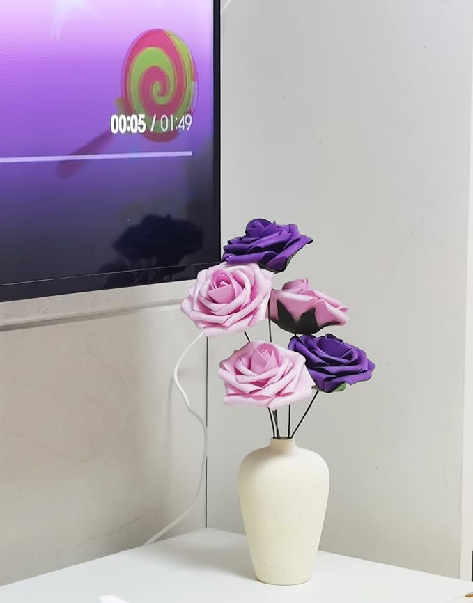 Purple Artificial Roses 50 PCS Flowers with Stem, Fake Rose Heads Bouquets for DIY Wedding Decorations Centerpieces Arrangements Party Home Garden Porch Window Decor