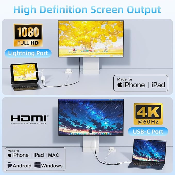 USB-C and Lightning to HDMI Adapter for iPhone ipad to TV [2025 New, MFi Certified],4K@60 Hz Sync Screen Apple Lightning to Digital AV Adapter for MacBook, iPhone16/15,iPad to TV/Projector/Monitor