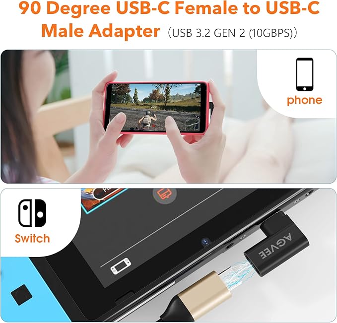 AGVEE 4 Pack Side Angle 90 Degree USB-C Male to USB-C Right Angled Female Adapter (Type-C 3.2 Gen 2) Converter Video Type-C 10G Data Extension Coupler Converter Connector, Black