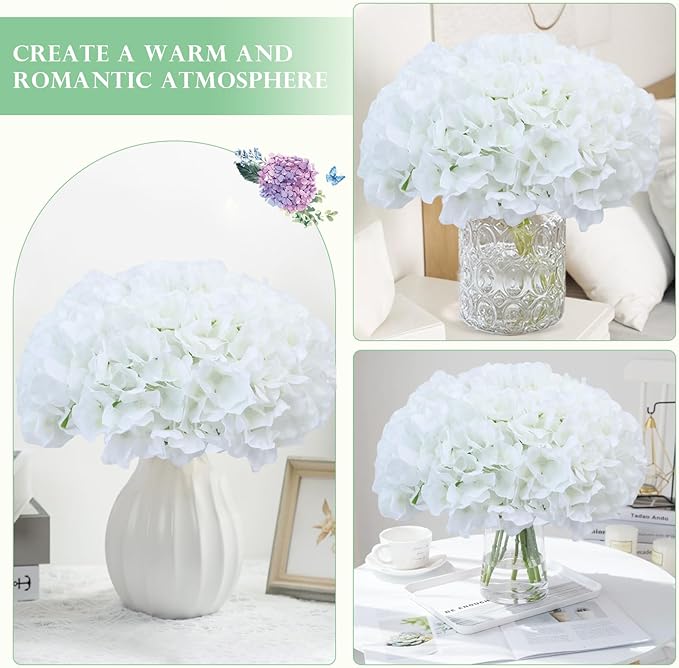 AVIVIHO Hydrangea Artificial Flowers Bulk (Not Squished,Realistic) 10pcs White Fake Hydrangeas Silk Flowers with Stems for Home Wedding Party Table DIY Project Floral Bouquet Garlands Decoration