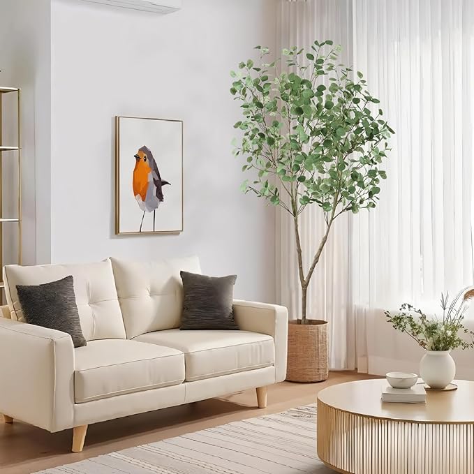 Faux Eucalyptus Tree 7ft(82in) Artificial Potted Tree for Indoor Decor Large Realistic Potted with Silk Leaves and Natural Wood Trunk for Home Living Room,Office Foyer,Porch Decor.