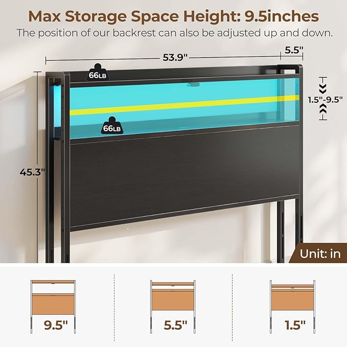 Rolanstar Headboard for Full Size Bed with Storage, 60,000 DIY Color of LED Light, Head Board with USB & Type C Port, Height Adjustable, Black Cabeceras de Cama Comfortable Modern, Wood