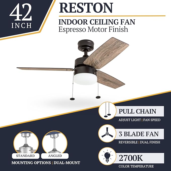 Prominence Home Reston, 42 Inch Modern Farmhouse LED Ceiling Fan with Light, Pull Chain, Dual Mounting Options, Dual Finish Blades, Reversible Motor - 51015-01 (Bronze)