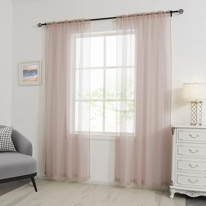 HUTO Blush Pink Sheer Curtains 96 inches Long for Bedroom Top Rod Pocket Sheer Window Panels Curtains for Nursery Living Room 52 by 96 Inch Length Set of 2