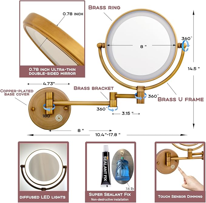 Hardwired Bathroom Wall Mounted Makeup Mirror with Lights and Magnification, 1X/5X Double-Sided for Exquisite Make-up, Extendable Adjustable Angle, No Bending Over Design, Antique Brass