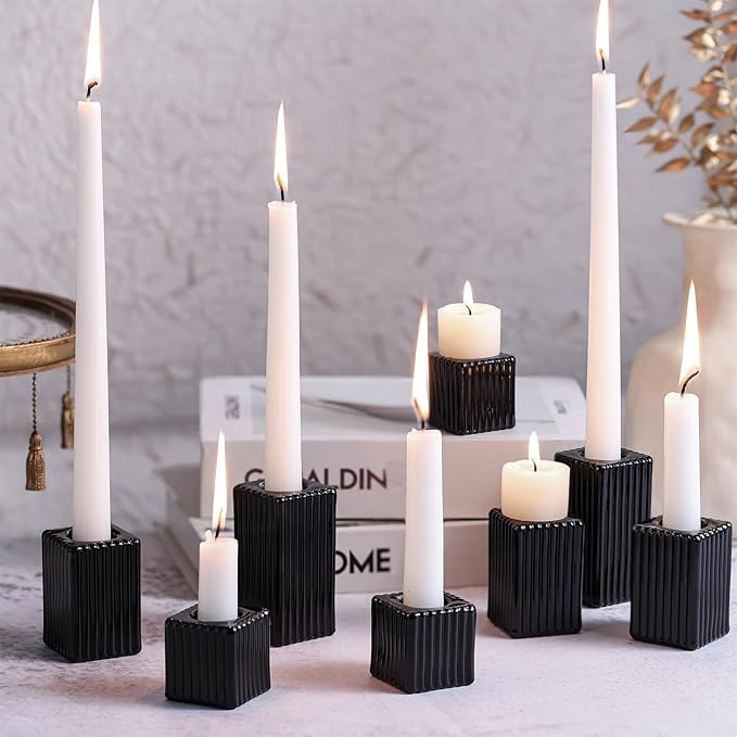 LETINE 12pcs Black Vertical Stripe Glass Candlestick Holders - Chic Taper Candle Sticks Holder Set for Elegant Dining & Home Decor - Ideal Candle Holders for Wall,Living Room,Bedroom, Kitchen Decor