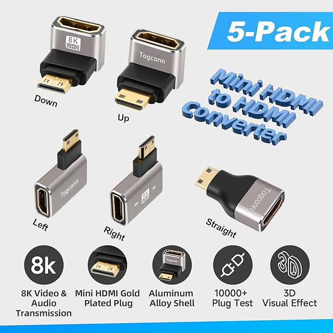 HDMI to Mini HDMI Adapter 5 Pack, Multi-Angle (UP/Down/Left/Right/Straight) HDMI (Female) to Mini HDMI (Male) Connector Converter Extender Support 8K@60Hz, 4K@120Hz for Camera, Monitor, Raspberry Pi