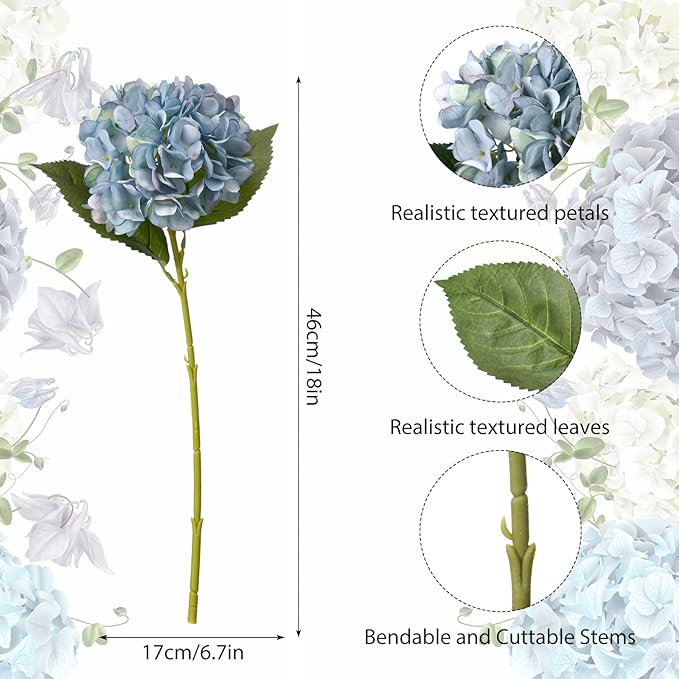 8 Pcs 18 Inch Hydrangea Artificial Flowers Faux Hydrangea Flowers with Stems Fake Bouquet Bulk Realistic Floral for Fall Home Table Christmas Indoor Outdoor Decoration(Blue)