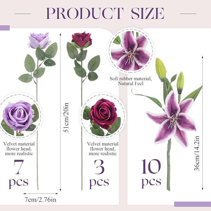 Hotop 20 Pcs Artificial Flowers Velvet Realistic Roses and Latex Lilies Flowers Bouquet Decorations Arrangements for Home Table Centerpieces Independence Day(Violet, Light Purple,Purple)