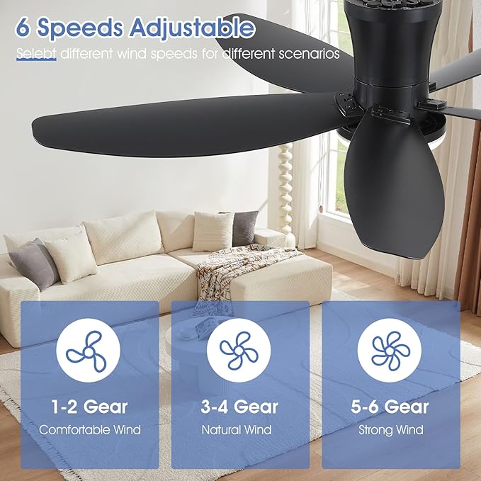 42" Ceiling Fans with Lights-Low Profile Ceiling Fan with Light and Remote/APP Control,Flush Mount,DC Reversible,LED Dimmable Blakc Ceiling Fans for Bedroom,Indoor/Outdoor Patio Use