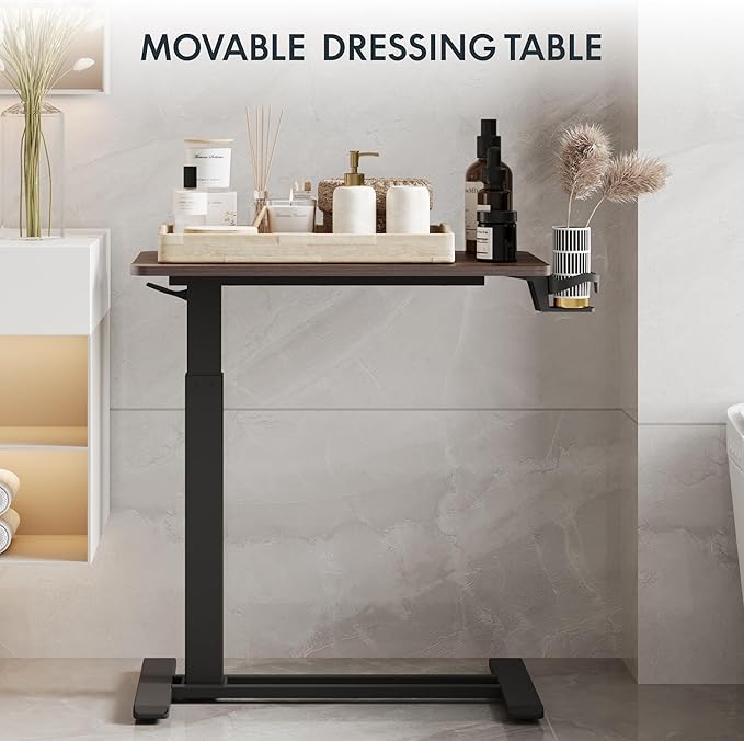 FLEXISPOT H7 Adjustable Overbed Bedside Table with Wheels Pneumatic Mobile Standing Desk Laptop Desk Rolling Computer Cart Movable Table Hospital Home Use(27.6" W x 15.7" D, Mahogany Table)