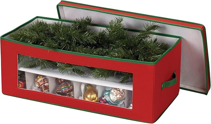 Household Essentials Ornament Storage Box, 36 Piece with Dividers, Sturdy and Stackable with Handles and Clear Plastic Window, Red Polyester Linen with Green Trim
