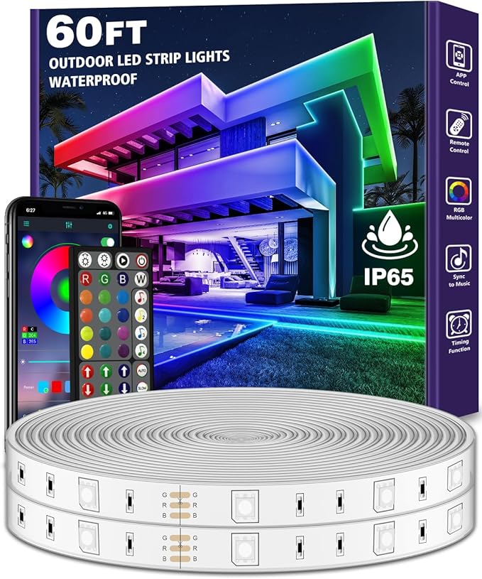 60ft Outdoor LED Strip Lights Waterproof,IP68 Outside Led Light Strips Waterproof with Bluetooth App Remote Control,Music Sync RGB Exterior Led Rope Lights,for Balcony,Deck,Roof,Garden,Pool (60FT)