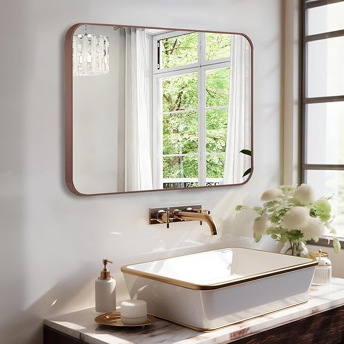 Rectangle Bathroom Mirror for Wall Decor, 40x30 Inch Brushed Bronze Metal Framed Rectangular Mirror for Bathroom Vanity, Living Room, Bedroom, Farmhouse, Hangs Vertically or Horizontally