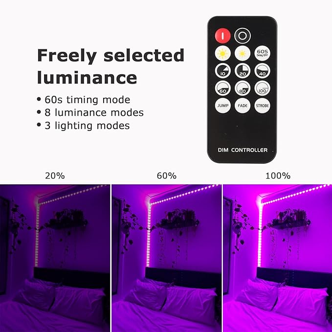 Upgraded 16.4ft/5M LED Black Light Strip Set with Remote, 300 LEDs, 12V Self-Adhesive Dimmable Black Light Fixture, for Dance Parties, SMD2835 LED Lamp Beads, Non-Waterproof