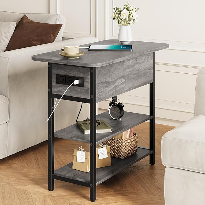 Yoobure End Table with Charging Station, Flip Top Side Table with USB Ports and Outlets, Sofa Couch Table Bedside Table for Living Room Bedroom, Narrow Nightstand with Storage Shelves for Small Space
