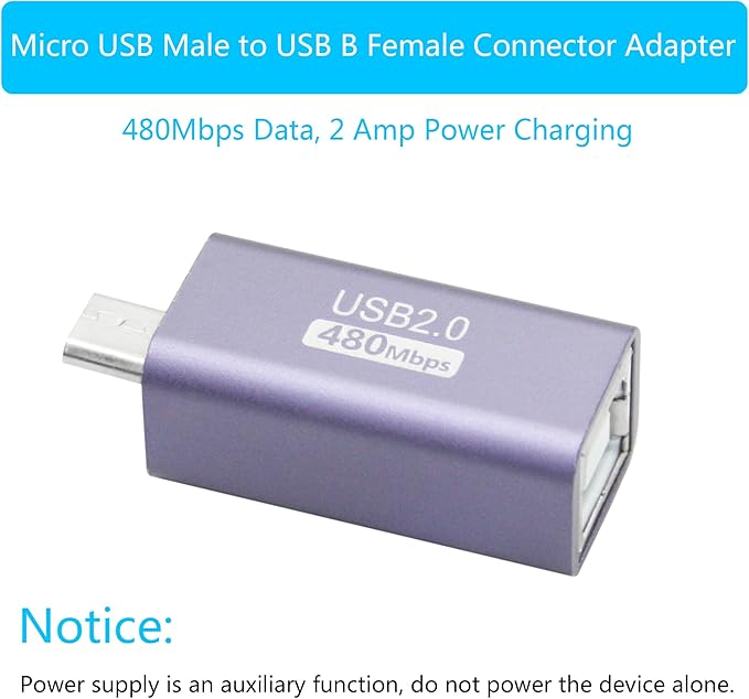 USB 2.0 B Type Connector Adapter, Micro USB Male to USB B (MIDI) Female Power and Data Extension Adapter, Aluminum Alloy Housing, for Electronic Piano, Printer, Scanner etc, 2Pcs