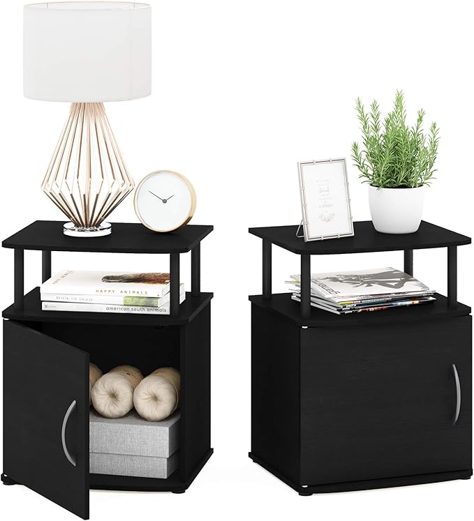 Furinno JAYA End Side Sofa Table/Nightstand with Door, 2-Pack, PVC Tubes, Black Wood