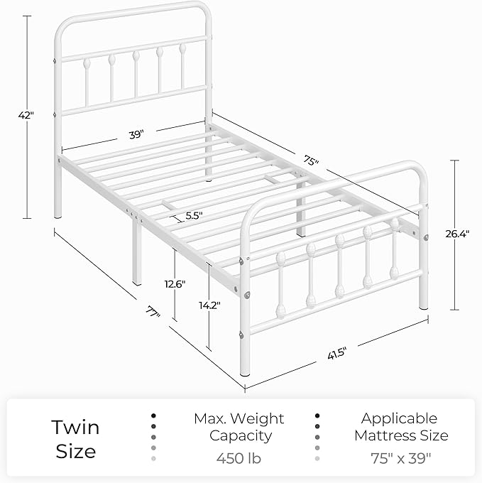 Yaheetech Classic Metal Platform Bed Frame Mattress Foundation with Victorian Style Iron-Art Headboard/Footboard/Under Bed Storage/No Box Spring Needed/Twin Size White