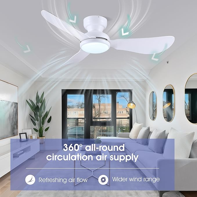 46 Inch Modern Ceiling Fans with Lights, Flush Mount Ceiling Fan with Remote/APP Control, 3 Reversible Curved Blades, 6 Speeds, 3 CCT, Dimmable Lights for Kids Room Bedroom, White