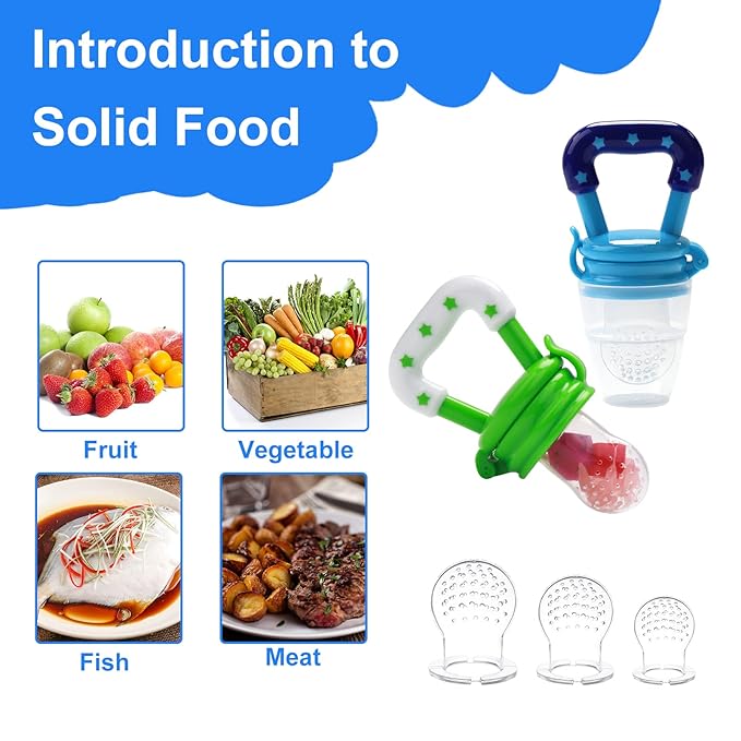 Food Feeder Baby Fruit Feeder Pacifier (3 Pcs) with 6 Different Sized Silicone Pacifiers 2 PCS Silicone Babies Food Dispensing Spoon 90ML with 2 Baby Spoons Bottle Brush Pacifier Clip