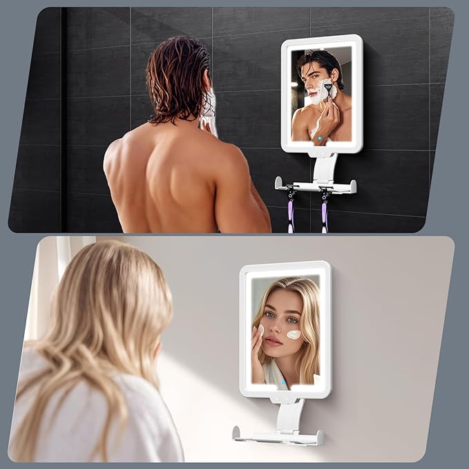 Heated Shower Mirror Fogless for Shaving, 3 Color Dimming Shower Shaving Mirror, 9.5 * 8inch Anti-Fog Shower Mirror with Lights, Wall-Mounted Large Shaving Mirror with Razor Holder