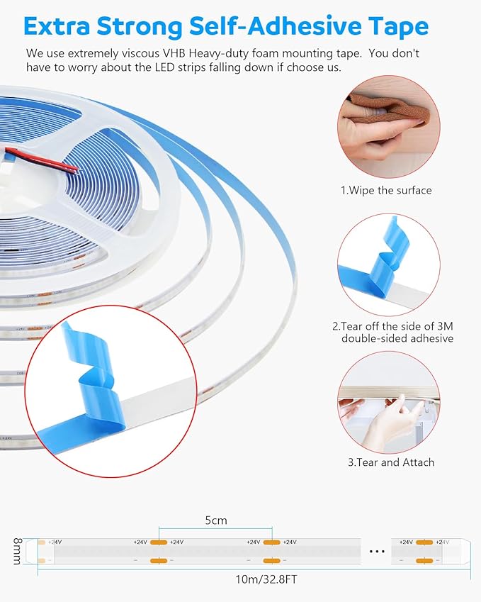 Aclorol 32.8ft Blue Led Strip Lights COB Led Strip Light 24V Flexible LED Tape Light for Bedroom Kitchen Cabinet Closet Other Home Indoor Decor 3200Leds 10M(Power Supply&Dimmer Not Included)