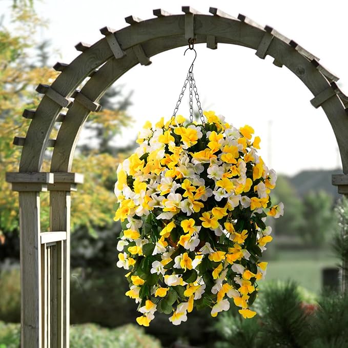 INQCMY Artificial Hanging Flowers Basket for Outdoor Outside Spring Decoration,Faux Silk Begonia in Planter Look Real UV Resistant for Porch Home Patio Garden Yard Decor