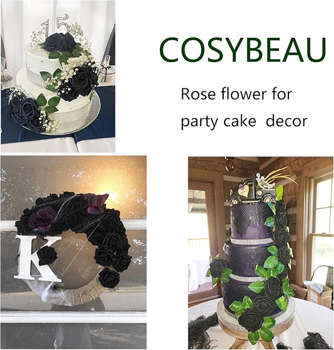 Artificial Black Flowers Fake Roses 50 PCS, DIY Flower Heads with Stem for Crafts Bouquets for DIY Wedding Decorations Centerpieces Arrangements Party Home Garden Decor