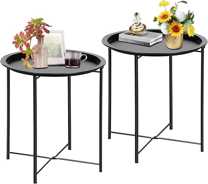 VECELO Side/End Table, Folding Round Metal Anti-Rust and Waterproof Outdoor or Indoor Tray for Living Room Bedroom Balcony and Office, 2 PCS, Black