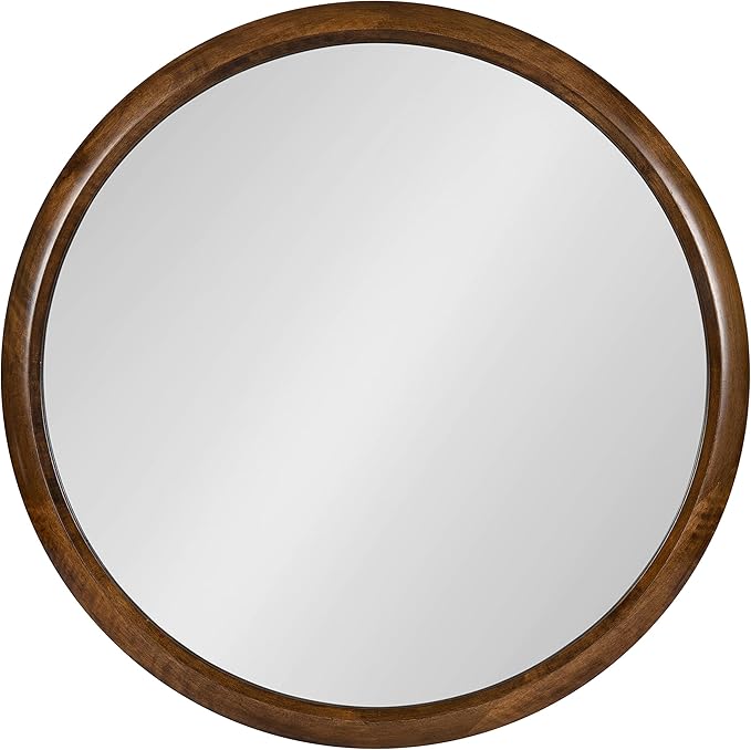 Kate and Laurel Pao Midcentury Modern Round Wood Wall Mirror; 28 Inch Diameter; Walnut; Decorative Circle Mirror with Warm Wood Finish for Robust Wall Decor