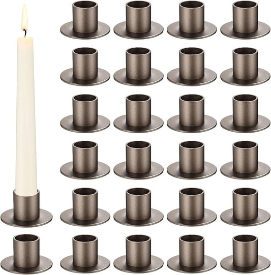 24 Pcs Gunmetal Taper Candle Holders Bulk for Pillar Candles Christmas Metal Short Candlestick Holder Gunmetal Centerpieces Decoration for Christmas Thanksgiving Anniversary Dinner Party