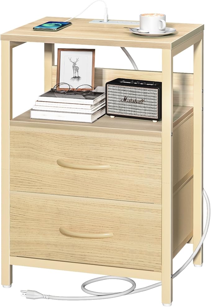Yoobure Nightstand with Charging Station, Small Night Stand with Fabric Drawers and Storage Shelf for Bedrooms, Nightstands for Small Spaces, Bedside Table with USB Ports & Outlets, Bed Side Table