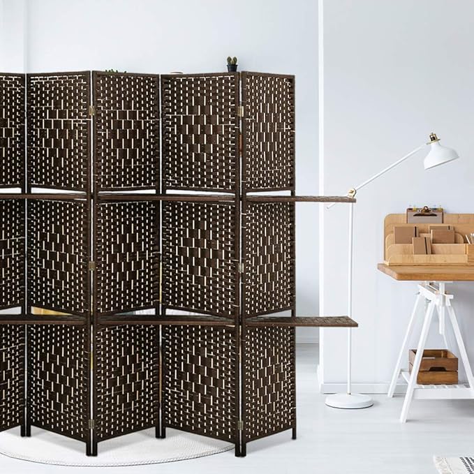 Room Divider 6 Panel Room Screen Divider Folding Portable partition Screen Wood with Removable Storage Shelves Colour Brown