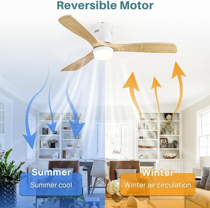 Sofucor 52 Inch Natural Wood & White Smart Ceiling Fans with Light Flush Mount Low Profile Modern Outdoor Solid Wood Ceiling Fan with Alexa/Google/APP/Remote Control for Bedroom/Farmhouse/Patio/Indoor