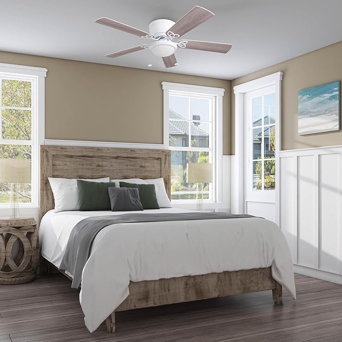 Prominence Home Benton Traditional 52 Inch Ceiling Fan with Light, LED Flush Mount Ceiling Fan, Indoor Fan with 5 Blades, White and Gray Oak Blade Finish Options, White (50852-01)