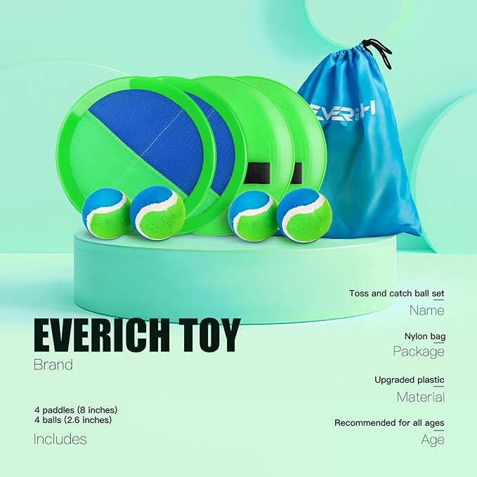 EVERICH Upgraded Toss and Catch Ball Game Set - Indoor and Outdoor Games for Kids 3-12, Beach Sand Pool Water Toy Includes 4 Paddles 4 Sticky Balls, Great Birthday Easter Gifts for Boys Girls