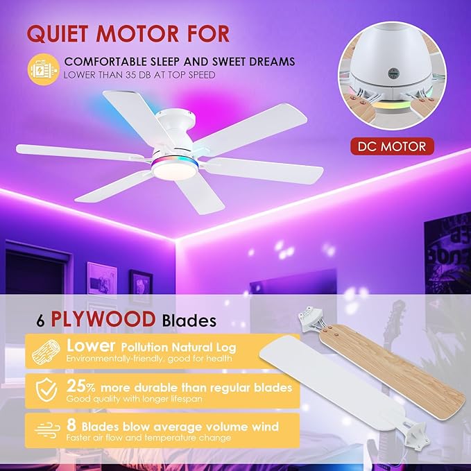 Ceiling Fans with Lights- 52" RGB Low Profile Indoor Ceiling Fan with Light and Remote/APP Control, Flush Mount, 6 Blade, LED Dimmable DC Reversible Modern Ceiling Fan for Bedroom（White）