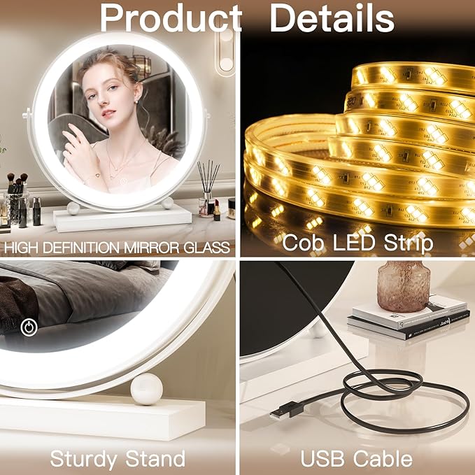 13 Inch Vanity Mirror with Lights, Round Make Up Mirror with Lighting, LED Mirror Makeup Mirror with Lights for Bedroom Tabletop, Smart Touch Control, 360° Rotation (White)